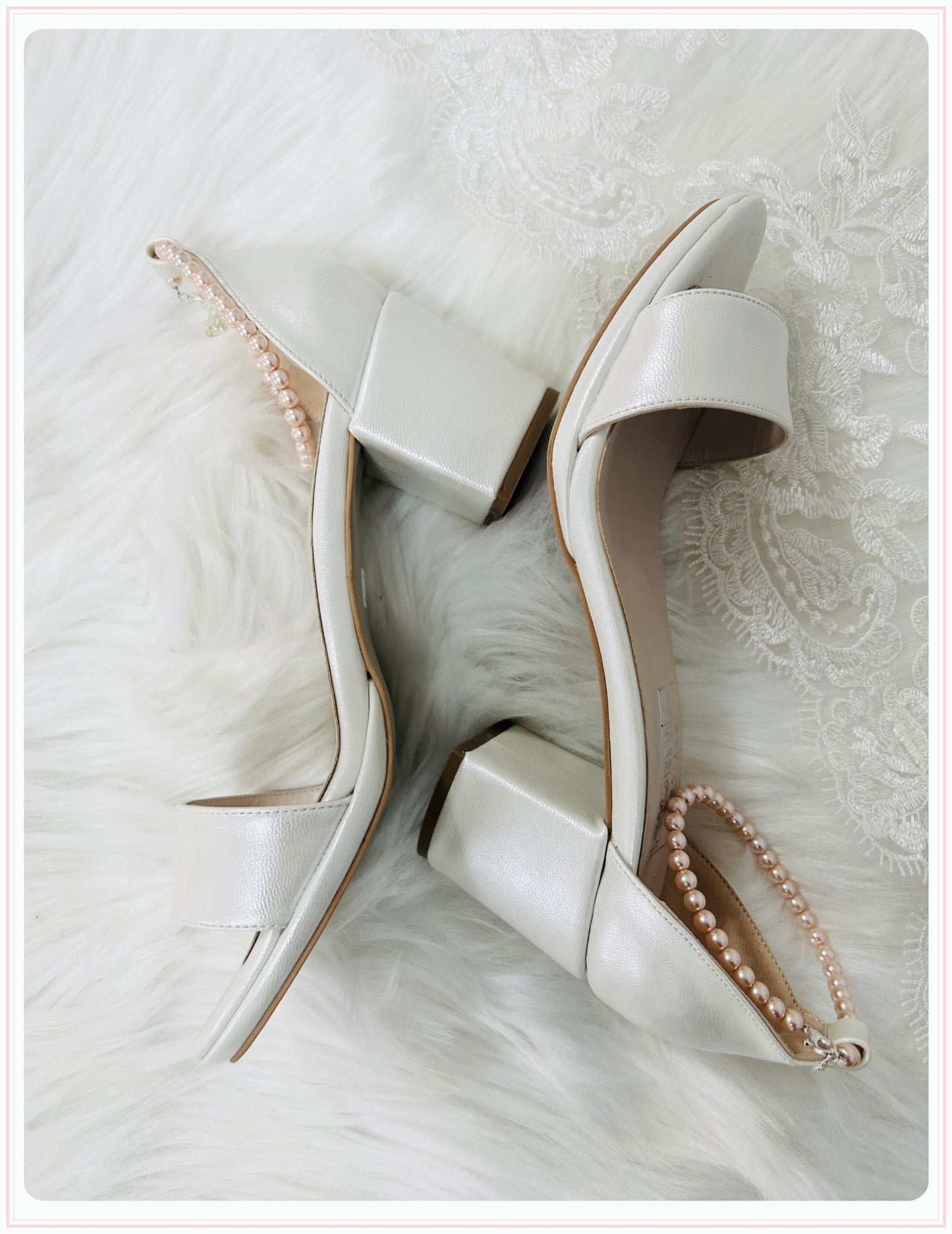 Aruna Peach Pearl Low Block Heel Bridal Shoes