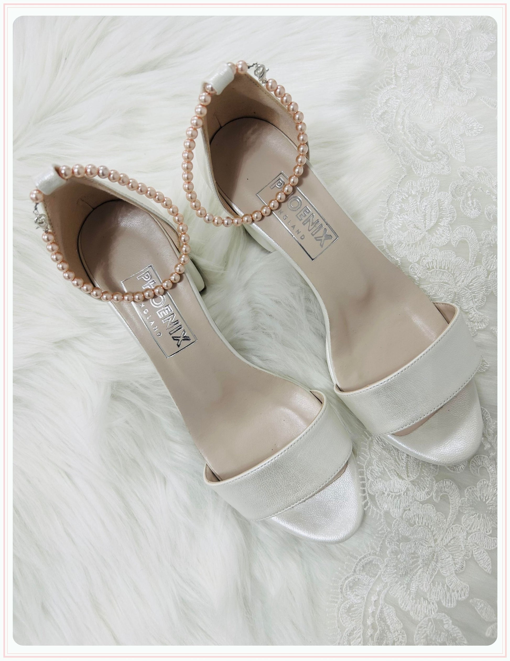 Cressida Peach Pearl Block Heel Bridal Shoes